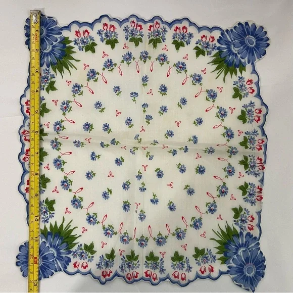 Vintage Floral Handkerchief Blue Flowers Cottagecore Decor Hanky 13” - Picture 3 of 7